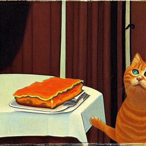 Prompt: fat orange tabby cat eating lasagna on a table, afternoon, by grant wood, neighborhood outside window