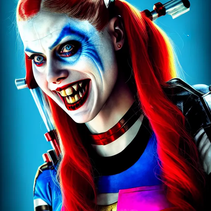 Image similar to portrait of alexandra daddario as a harley quinn in suicide squad. intricate abstract. intricate artwork. by tooth wu, wlop, beeple, dan mumford. octane render, trending on artstation, greg rutkowski very coherent symmetrical artwork. cinematic, hyper realism, high detail, octane render, 8 k, iridescent accents