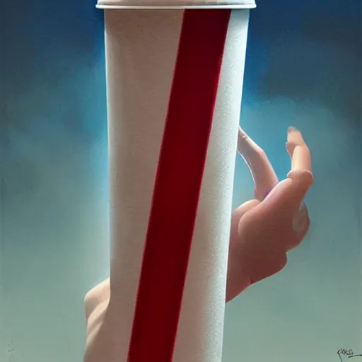 Image similar to white paper cup with red strip as a character!!!, hyperrealistic, highly detailed, cinematic, volumetric sunlight, beautiful, cgssociety, artstation, 8 k, oil painting by greg rutkowski, by artgerm, by wlop