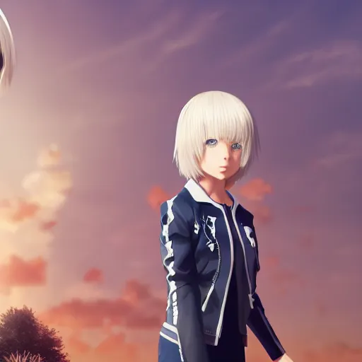 Image similar to aristocratic platinum - blonde - haired bob cut blue - eyed princess wearing white leggings and black jacket, standing next to communist monument, anime, hd anime wallpaper, hyperrealistic lighting, octane render, drawn by artgerm