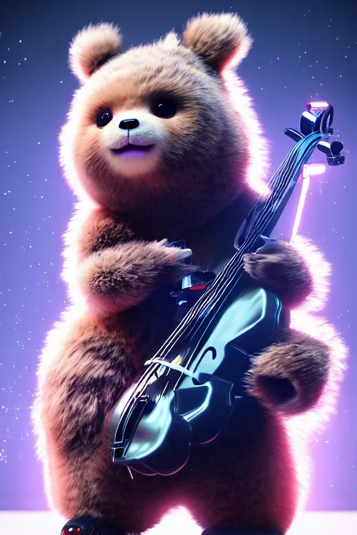 Prompt: high quality 3 d render very cute fluffy cyborg!! bear plays double bass, cyberpunk highly detailed, unreal engine cinematic smooth, in the style of blade runner & detective pikachu, hannah yata charlie immer, moody light, low angle, uhd 8 k, sharp focus