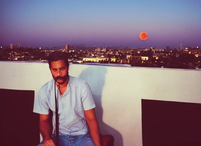 Prompt: film photograph, leica s, kodachrome, rooftop, los angeles, echo park, lake, landscape, blood moon, dusk, man smoking cigarette