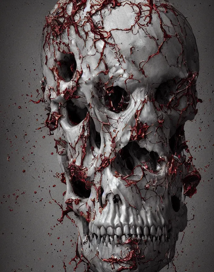 Image similar to portrait of a melting wax skull. intricate abstract. sharp teeth. delicate artwork. infected by zombie fungus. by Tooth Wu, wlop, beeple, dan mumford. octane render, trending on artstation, greg rutkowski very coherent symmetrical artwork. cinematic, hyper realism, high detail, octane render, 8k, depth of field, bokeh. chrome accents.