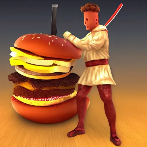 Prompt: warrior of the burger, man wearing burger suit whilest holding a katana, realistic, hdr, clear image, hdd, dynamic lighting,