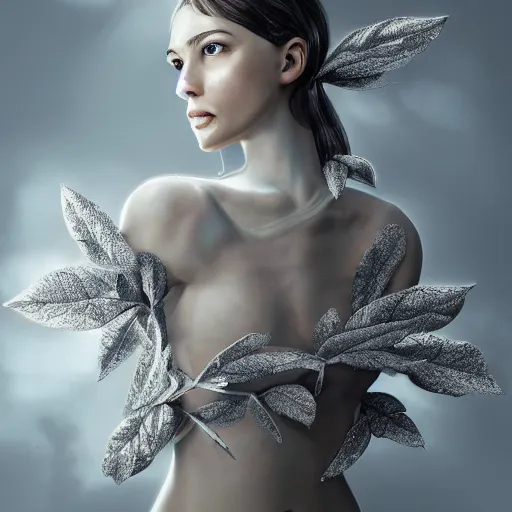 Prompt: a highly detailed digital image of a futuristic woman elegantly wrapped with leaves which are made of silver, by Andrea Chiampo, artstation and Frederik Heyman, extremely detailed woman, stunning volumetric lighting, hyper realism, fantasy 4k