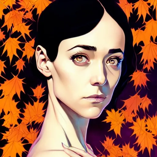 Image similar to beautiful stella maeve magician, black magic spells, in the style of joshua middleton, rafeal albuquerque comicbook cover art, phil noto, creepy pose, spooky, symmetrical face and body, volumetric lighting, cinematic lighting, detailed realistic symmetrical eyes, insanely detailed and intricate elegant, autumn leaves, artgerm