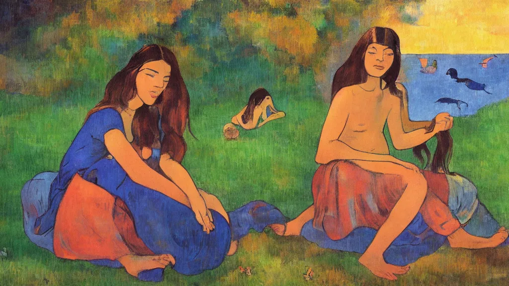 Image similar to chillhop picture, in style of paul gauguin, 4 k, high resolution details,