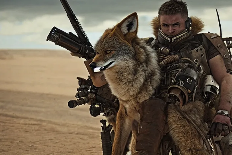 Image similar to a good ol'coyote fursona ( from the furry fandom ), heavily armed and armored facing down armageddon in a dark and gritty version from the makers of mad max : fury road. witness me.