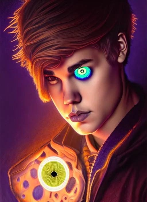 Prompt: portrait of justin bieber glowing eyes, volumetric lights, feast, music notes, art nouveau botanicals, gothic, intricate, highly detailed, digital painting, artstation, concept art, smooth, sharp focus, symmetric face, illustration, steampunk, art by artgerm and greg rutkowski and alphonse mucha