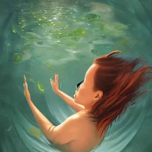 Prompt: A woman submerged underwater, you can only see her face from an aerial view with lily pads surrounding her as her hand reaches out to you, artistic digital art, very opaque, gloomy style, oil paints and pastel highlights, trending on artstation, artstationHD, artstationHQ, 4k, 8k