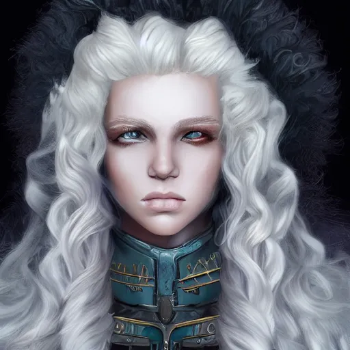 Image similar to portrait of Lucius the beautiful fantasy warlord, long fluffy platinum blond curly hair, clean and pretty, 8k, trending on artstation