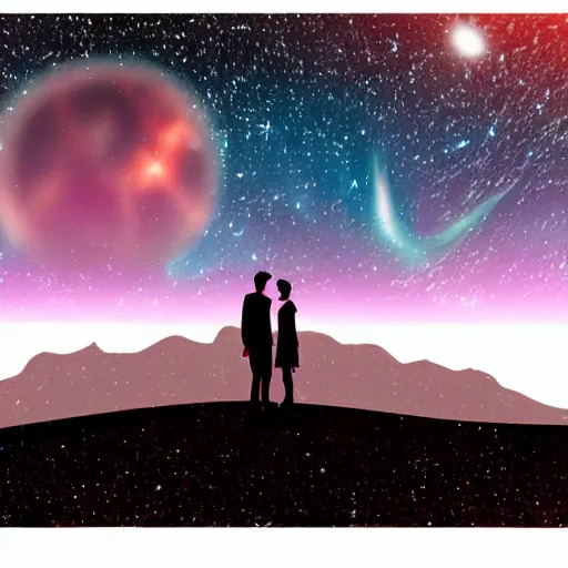 Image similar to a beautiful landscape showing mountains, stars and galaxies in the background. The silhouet of a young couple sits in the foreground, anime style