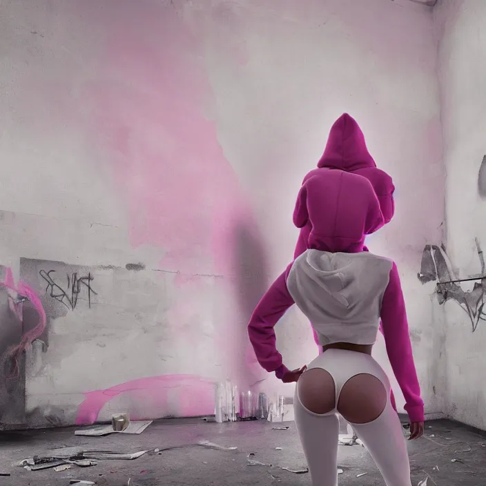 Image similar to kim kardashian doing graffiti mural in a derelict room, dust mist, rear-shot, pov from behind, very skin tight white leggings with a pink hoody with hood up, mold, intricate, epic lighting, cinematic composition, hyper realistic, 8k resolution, unreal engine 5