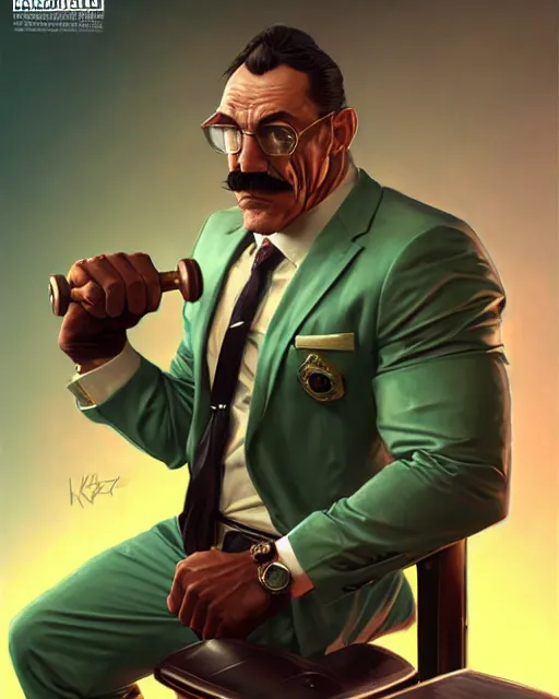 Prompt: luigi bodybuilder in a expensive suit, ernest khalimov body by krista sudmalis, fantasy character portrait, ultra realistic, futuristic background by laurie greasley, concept art, intricate details, highly detailed by greg rutkowski, ilya kuvshinov, gaston bussiere, craig mullins, simon bisley