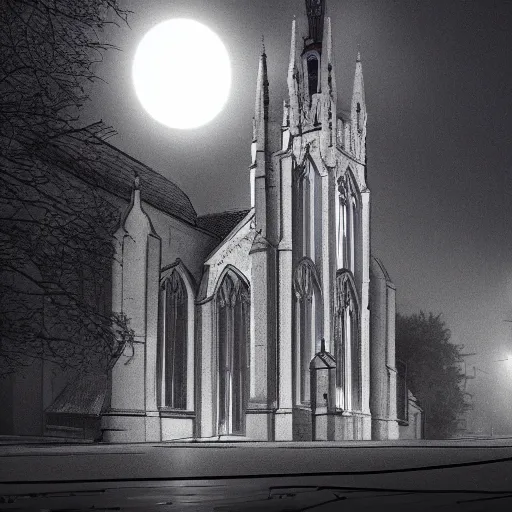 Image similar to victorian church in the middle of the city, dark, misty, at night, 8 k, detailed, concept art, trending on artstation