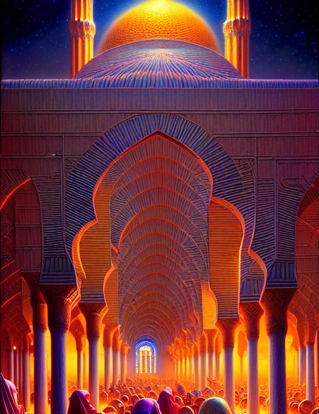 Prompt: eqyptian mosque palace of light technology, dmt goddess, tim hildebrandt, bruce pennington, donato giancola, trending on artstation, cinematic composition, beautiful lighting, hyper detailed, 8 k, oil on canvas