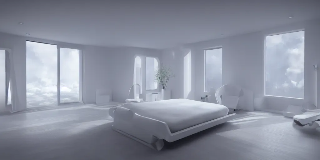 Image similar to a white futuristic bed in a futuristic minimalistic room with a huge window overlooking space, photorealistic, cinematic, octane render