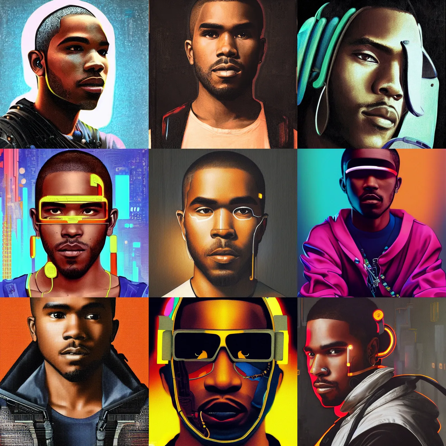 Prompt: a renaissance portrait of frank ocean as a cyberpunk character, highly detailed
