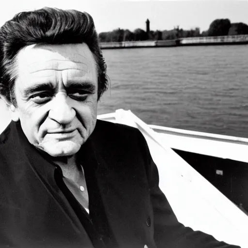 Prompt: high quality photo of johnny cash standing on a canal boat. johnny cashon a narrow boat on a canal. johnny cash smiling. canal boat.