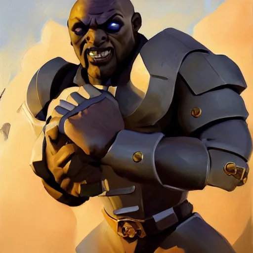 Image similar to greg manchess portrait painting of fully armored the foundation aka dwayne the rock from fortnite as overwatch character, medium shot, asymmetrical, profile picture, organic painting, sunny day, matte painting, bold shapes, hard edges, street art, trending on artstation, by huang guangjian, gil elvgren, ruan jia, greg rutkowski, gaston bussiere