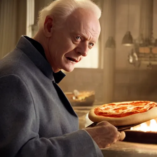 Prompt: A still of Ian McDiarmid as Emperor Palptine making a pizza, 4k, photograph, ultra realistic, highly detailed, professional lighting