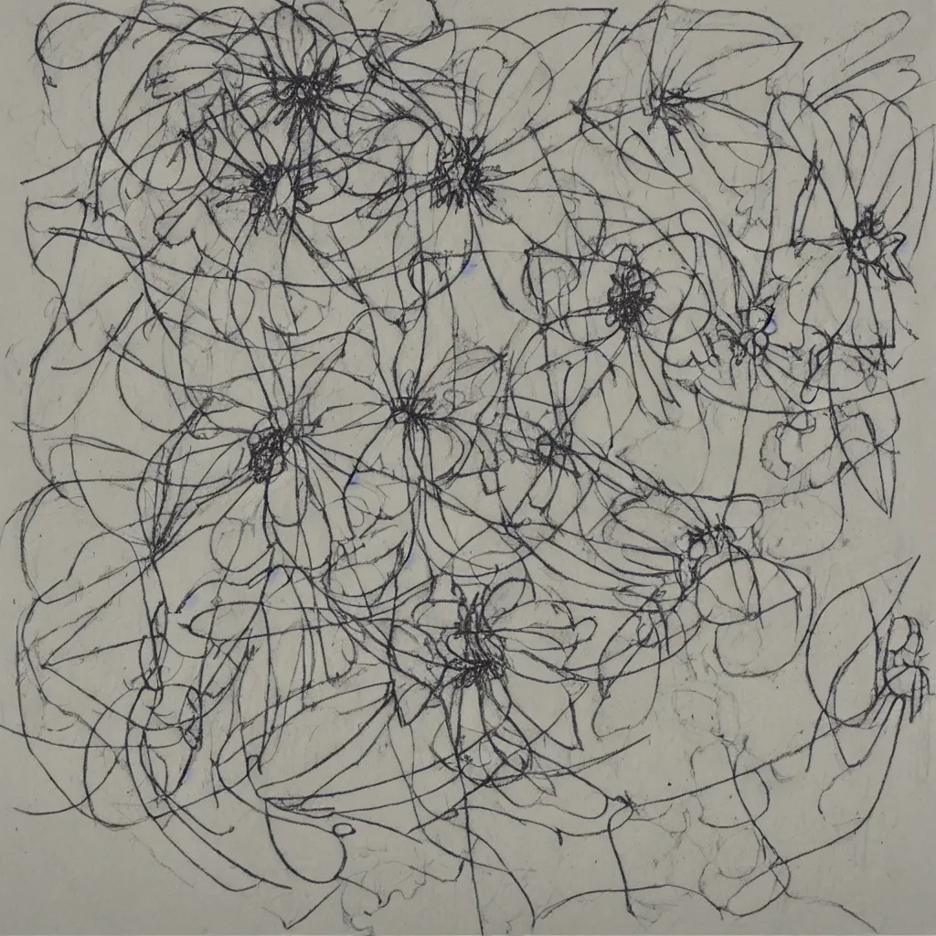 Image similar to a drawing on squared paper representing flower and stain and scribbles by cy twombly, gallery art, contemporary