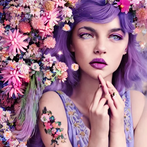 Prompt: beautiful young female florist concept art, flowers in hands, pink hair, little stars in hair, clear blue eyes, little stars tattoos ornate, dynamic, particulate, rich colors, intricate, elegant, highly detailed, vogue, harper's bazaar art, fashion magazine, smooth, sharp focus, 8 k, octane render