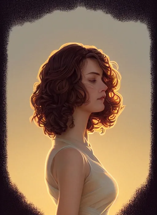 Image similar to symmetrical, full body portrait of a woman with short wavy hair, round face, cottagecore!!, river, trees, golden hour, intricate, elegant, highly detailed, digital painting, artstation, concept art, smooth, sharp focus, illustration, art by artgerm and greg rutkowski and alphonse mucha