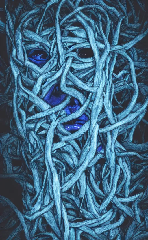 Image similar to blue vines in a dark cave forming a human face, creepy, extreme detail