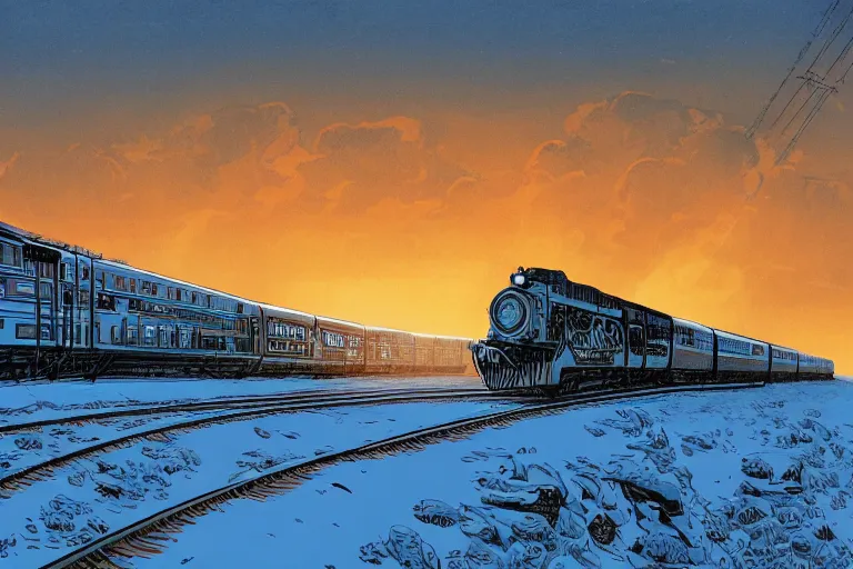 Image similar to trans - siberian express train illustration by joe fenton and syd mead and p. craig russell and barry windsor - smith, artstation, 4 k, graphic novel, concept art, matte painting, beautiful russian winter landscape sunset background, golden hour, art nouveau