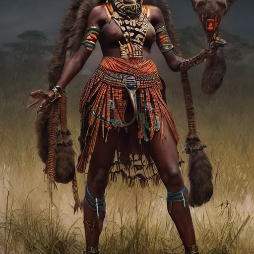 a female tribal warrior in the jungle, african. By, Stable Diffusion
