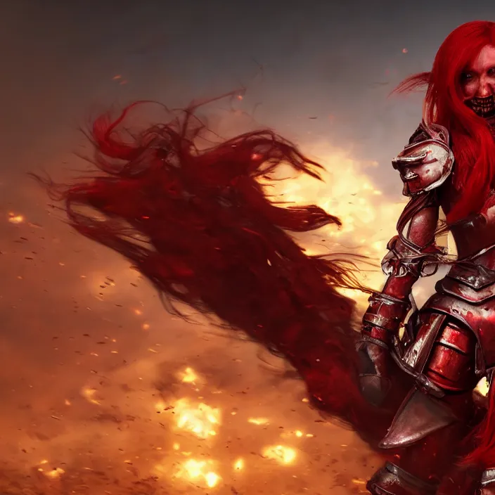 Image similar to a girl with a long red hair wearing a full-body red plate armor screaming in a battlefield, anatomically correct, hyperrealistic, concept art, octane render, unreal engine 5, 8K HDR, highly detailed, high quality, fantasy armor