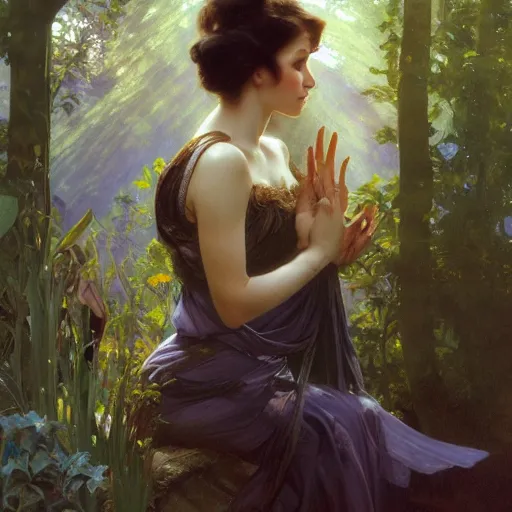 Image similar to a beautiful closeup portrait of a young vivian leigh casting a spell, forest background, serene colors, dramatic light, gorgeous view, depth, high detail, digital art, painted by alphonse mucha and greg rutkowski, trending on artstation