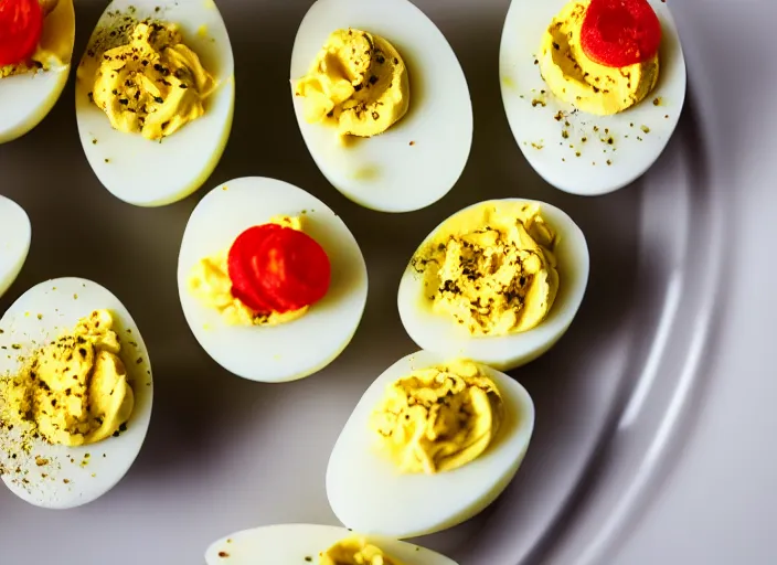 Prompt: dslr food photograph of a deviled eggs, 8 5 mm f 1. 8