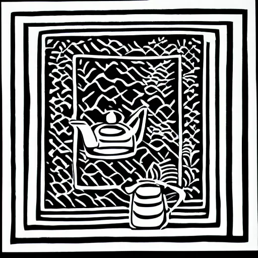 Image similar to high contrast black ink on white paper teapot block print illustration