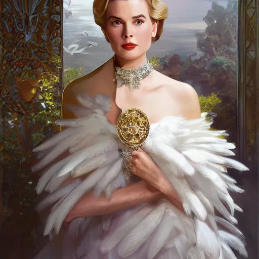 Image similar to Grace kelly with a decorated dress made of white pearls and white plumes of swan, highly detailed, realistic digital painting, Trending on artstation , HD quality, by artgerm and greg rutkowski and alphonse mucha, dramatic light, octane