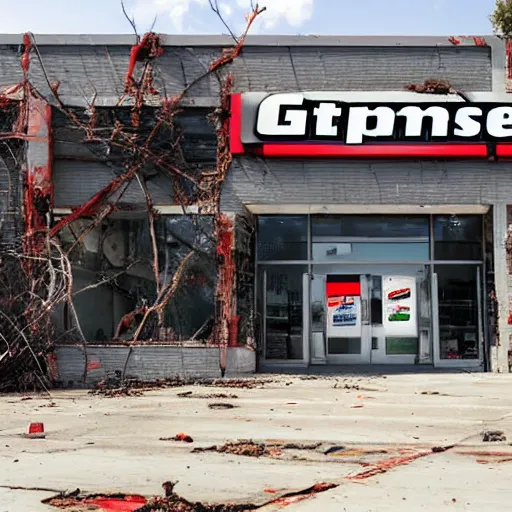 Image similar to gamestop in the year 3 0 2 2, found footage, ruins, creepy, destroyed, vines, hole in roof