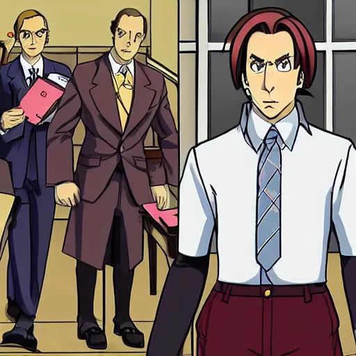 Image similar to Saul Goodman in ace Attorney as Phoenix Wrig, in a courtroom, anime