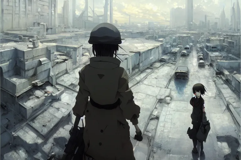 Image similar to baroque oil painting of anime key visual concept art of girl's last tour scenery official art, white clean abandoned concrete cityscapes, trending on artstation, palette knife and brush strokes, oil on canvas, style of makoto shinkai greg rutkowski studio ghibli