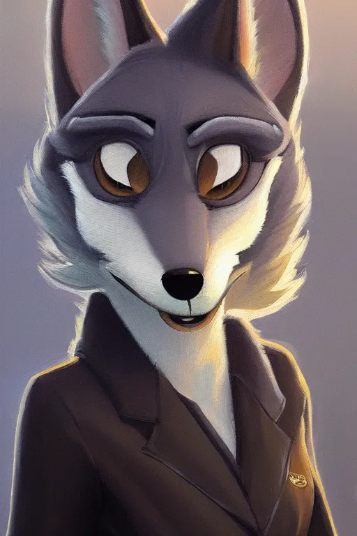 Image similar to oil painting of anthromorphic female wolf, in style of zootopia, female fursona, furry, furaffinity, 4 k, deviantart, furry art, fursona art, wearing black business suit, business suit, wolf fursona, female, smug expression,