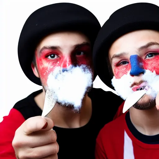 Prompt: mid-shot portrait photograph of two male British chav youths holding knives, with white powder on their faces, wearing the Union Jack, and wearing fez caps, high quality