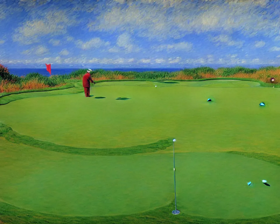 Image similar to achingly beautiful painting of bandon dunes putting green by rene magritte, monet, and turner.
