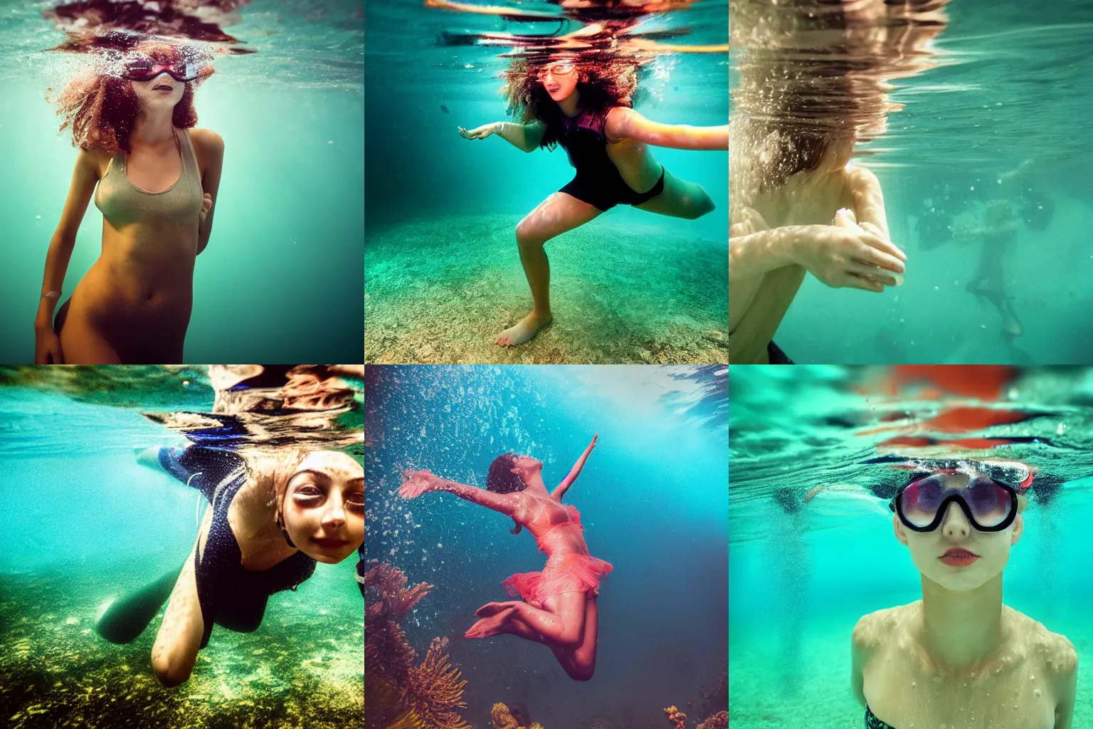 Prompt: Photo of a beautiful 20yo woman underwater in the style of Nicholas Samaras