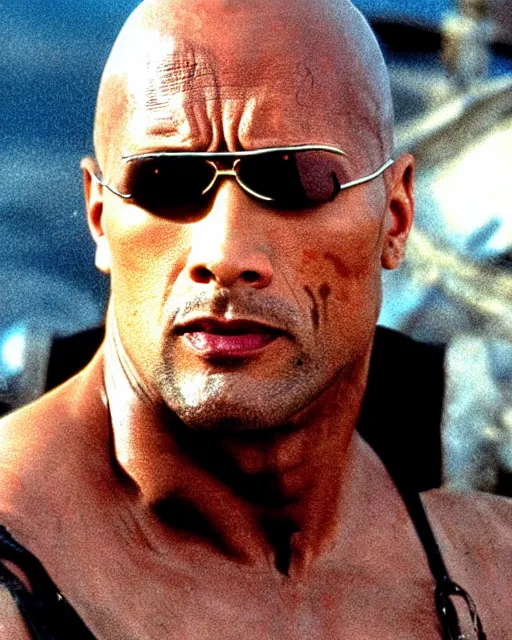 Prompt: film still close up shot of dwayne johnson in the movie mad max 2 the road warrior. photographic, photography