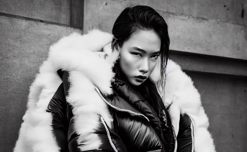 Prompt: well lit fashion shoot portrait of extremely beautiful female wearing massively over size puffer jacket by craig green, dingyun zhang, yeezy, balenciaga, vetements, sharp focus, clear, detailed,, cinematic, detailed, off white, glamourous, symmetrical, vogue, editorial, fashion, magazine shoot, glossy