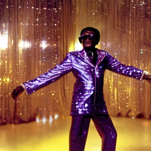 Prompt: A still of Robert Mugabe wearing a disco suit in Saturday Night Fever
