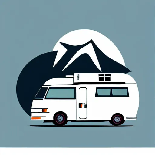 Image similar to very very very stylized minimal vector graphic of a thor chateau motorhome, mountains, highway and sunset!!, white background, dramatic, professional minimal simplified graphic design cartoon, 3 colors!!