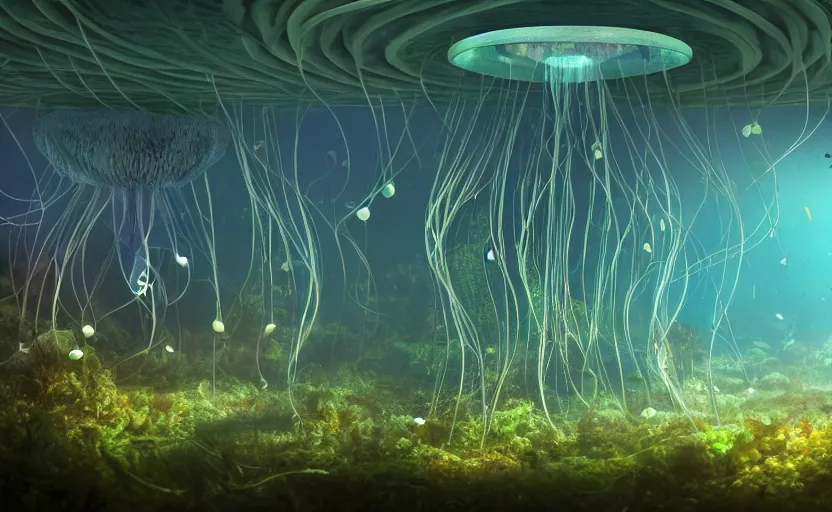 Image similar to A forest city inside of a jellyfish underwater. Fantasy. light fixtures. 8K. detailed. photorealism. artstation. 25mm f/1.7 ASPH Lens. ultra realistic