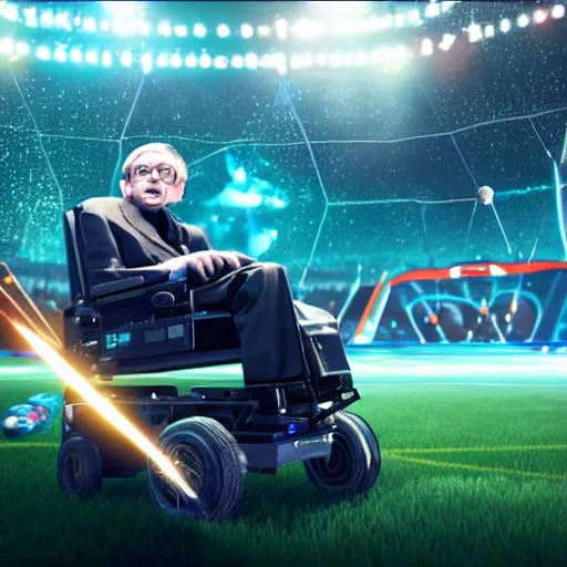 Image similar to stephen hawking in rocketleague, splash art, movie still, detailed face, photorealistic facial features, cinematic lighting, dramatic, octane render, long lens, shallow depth of field, bokeh, anamorphic lens flare, 8 k, hyper detailed, 3 5 mm film grain