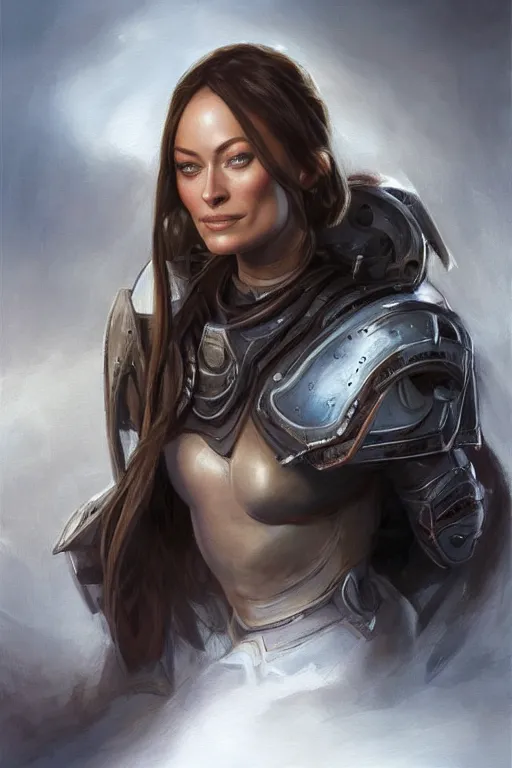 Image similar to a professional painting of a young Olivia Wilde, clothes in military armor, olive skin, long dark hair, beautiful bone structure, symmetrical facial features, intricate, elegant, digital painting, concept art, smooth, sharp focus, illustration, from StarCraft by Ruan Jia and Mandy Jurgens and Artgerm and William-Adolphe Bouguerea